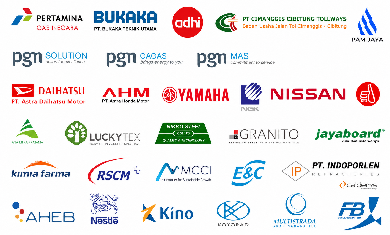 Clients of PT. Radema Graha Sarana, including Pertamina Gas Negara, PGN, Adhi Karya, PAM Jaya, Daihatsu, Honda, Yamaha, Nissan, Kimia Farma, Nestle, Kino and more
